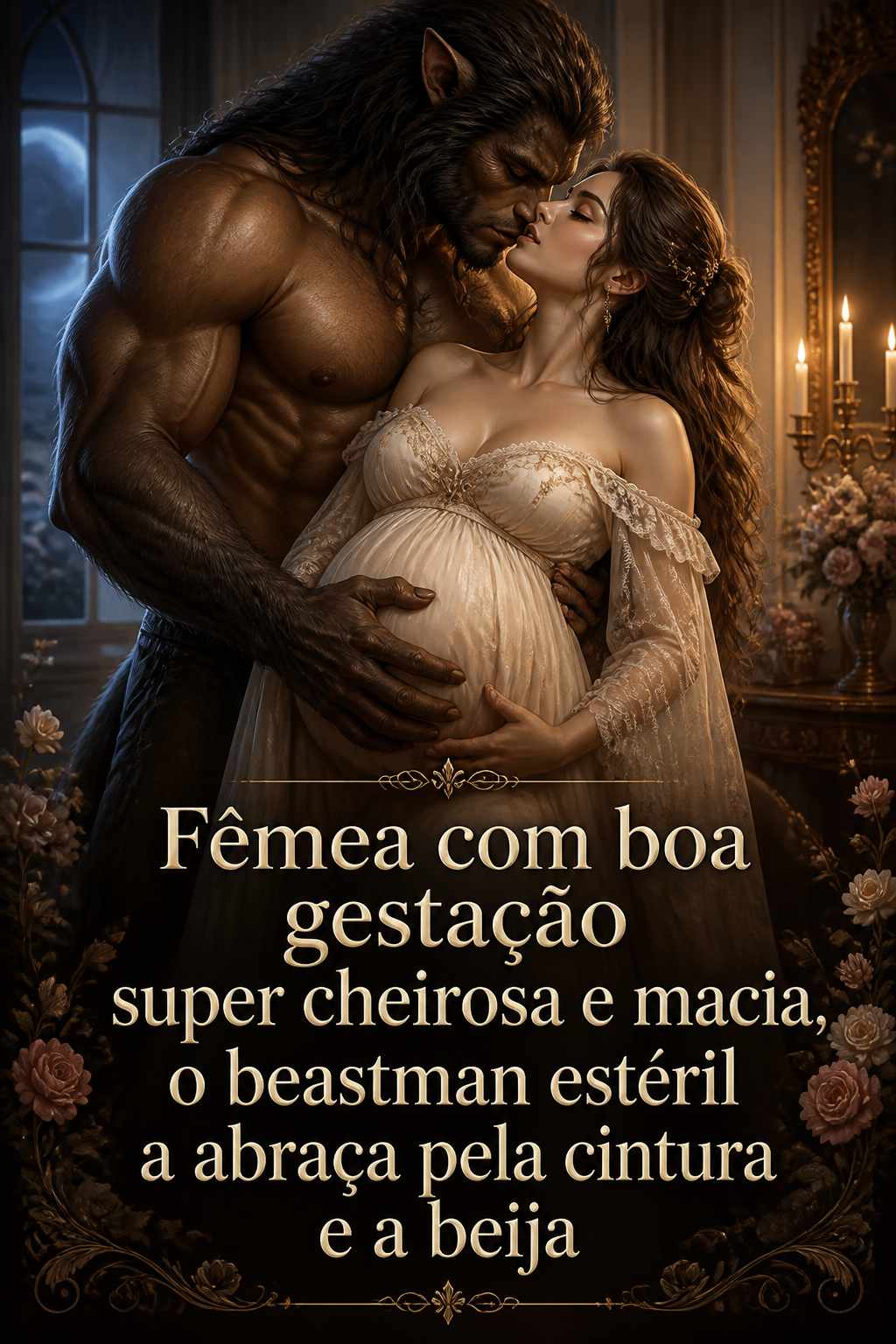 Fêmea com boa gestação super cheirosa e macia, o beastman estéril a abraça pela cintura e a beija